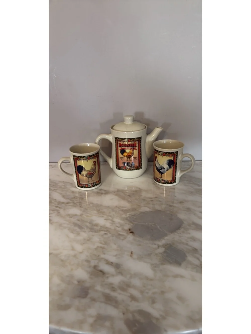 Vintage Rooster Brand Tea Set with Teapot and Two Mugs